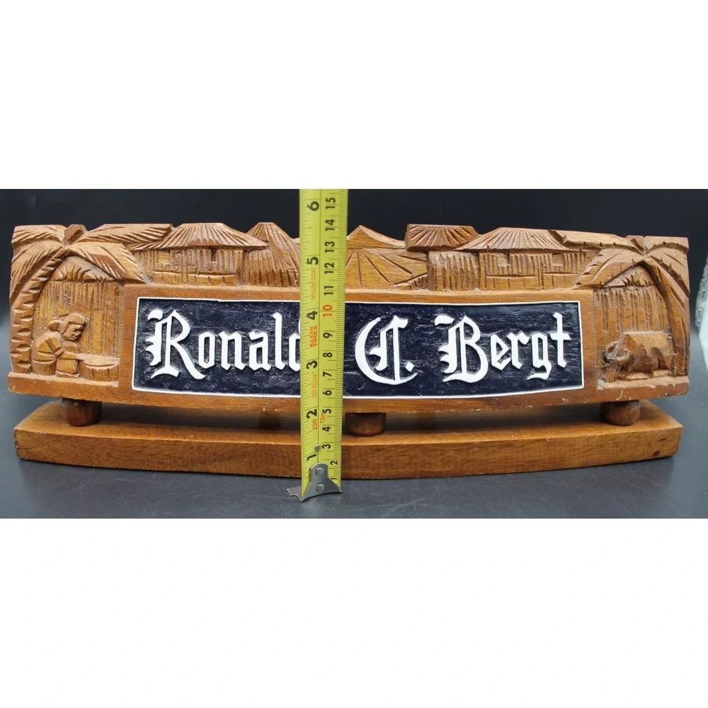 Vintage Hand Carved Balinese Wood Name Plates Desk Signs Custom Names Set of 2